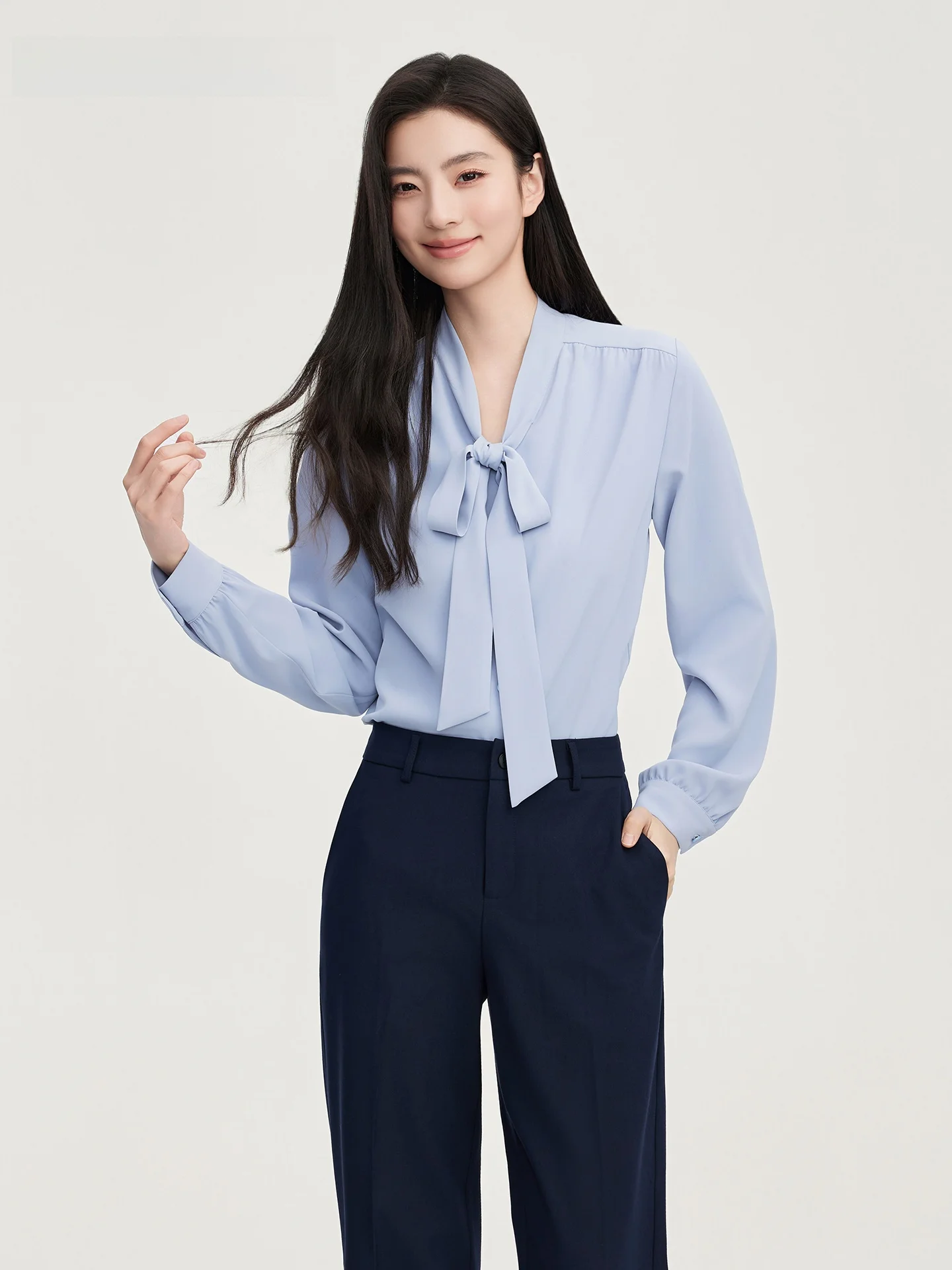 

Goodyoung Spring Summer Women's Shirt V-neck Knot Long Sleeve Versatile Style Commute Polyester Fiber Slimming Effect