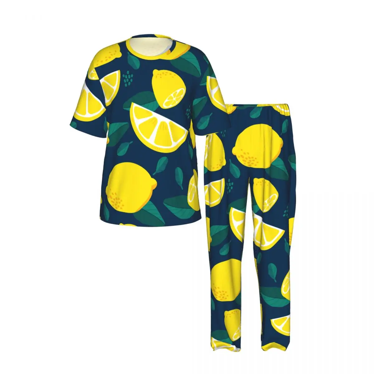 Men Pajamas Set Lemon And Green Leaves Short Sleeve Spring Summer Lounge Sleepwear Male Nightwear