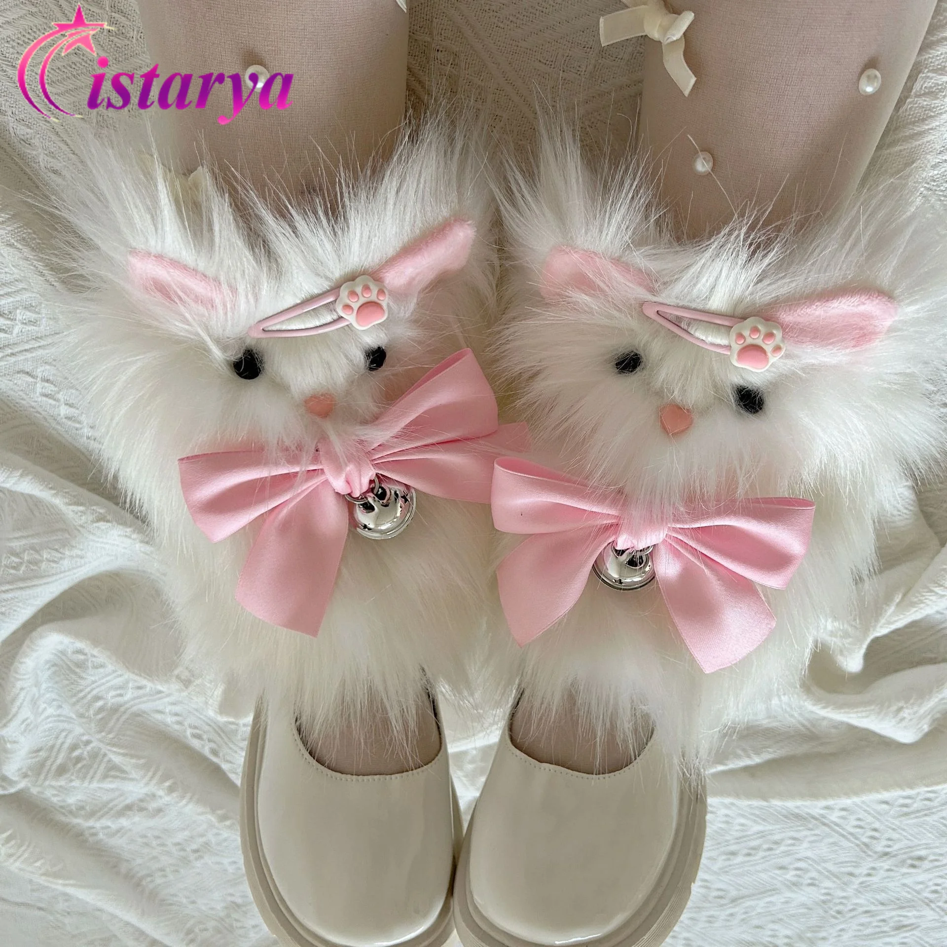 Japanese Kawaii Lolita Pink Bow Cute Cat Faux Fur Leg Warmers Socks Harajuku Y2K Girls Winter Warm Fluffy Boot Cover Streetwear