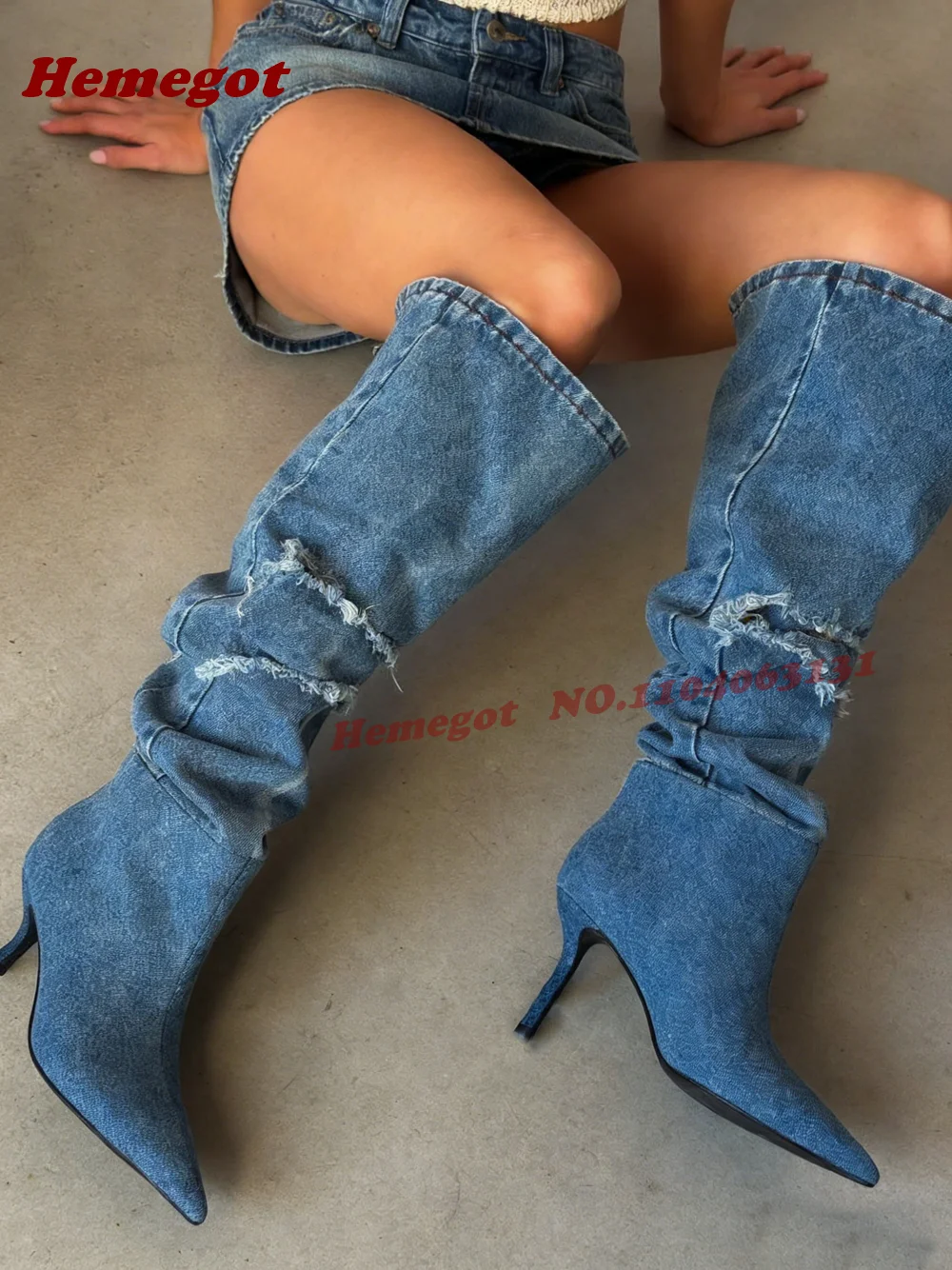 Denim Fringe Pleated Knee High Boots Pointed Toe Stiletto High Heels Women's Long Boots Winter Patchwork Casual Shoes 2026 New view 4