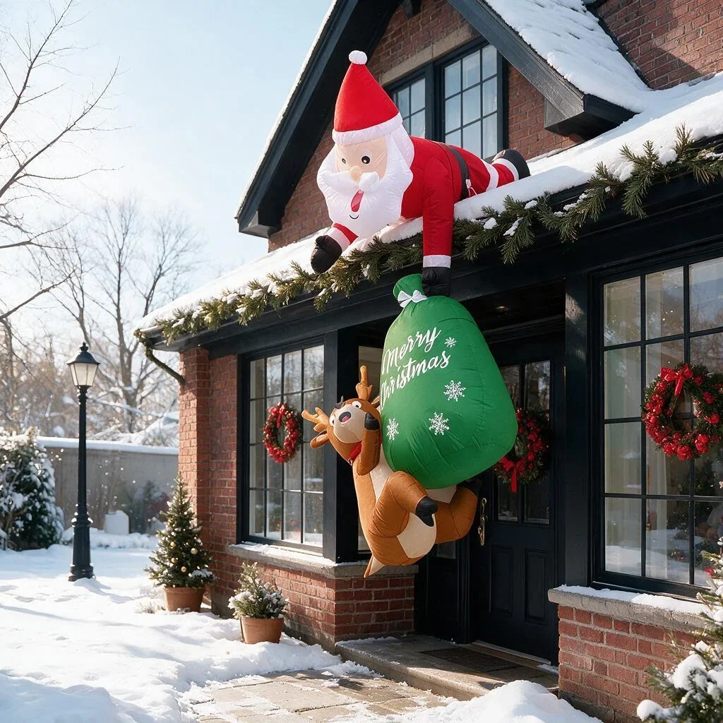 Creative 8Ft Inflatable Santa Claus Pulling Reindeer, Suitable for Christmas Parties, Banquets, Patios, Restaurants, and Roof De