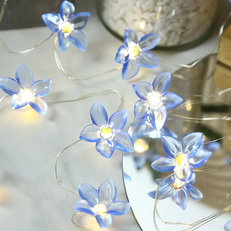 

1M 2M 20LEDS Lily Fairy String Lights Blue Flower String Lamps Battery Powered Garland for Outdoor Wedding Christmas Decoration