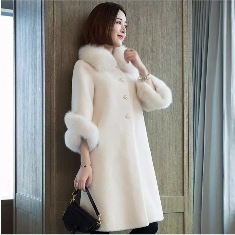 Autumn Winter New Imitation Sheep Shearing Fur Coat Women\'s Mid-length Imitation Fox Fur Collar Loose Granular Fur Imitation Fur