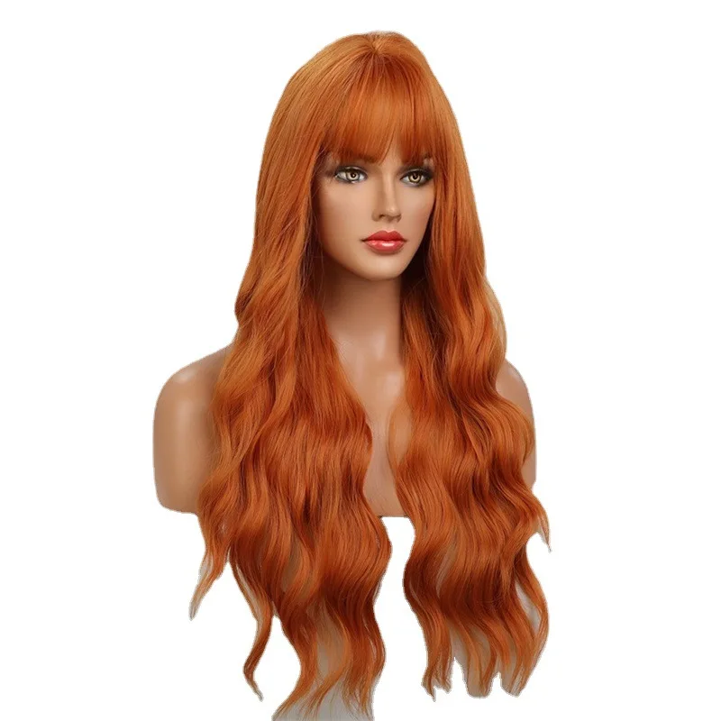 Best-selling new synthetic fiber big wave wig female orange air bangs long curly hair high temperature silk wig full head cover