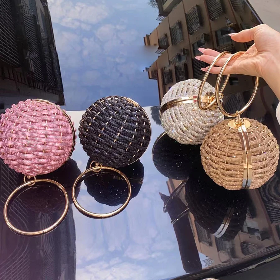 Rhinestone Round Evening Handbag Women Boutique Circular Ball Shape Woven Diamond Clutch Purses Shiny Hollow Chain Crossbody Bag