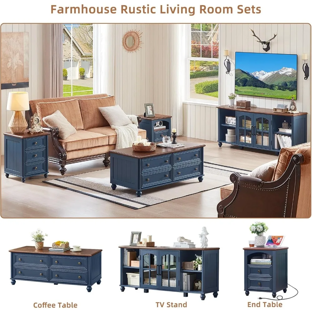 حامل تلفزيون المزرعة لتلفزيون 60 بوصة، مركز ترفيه خشبي مع خزانة تخزين بباب زجاجي وأرفف قابلة للتعديل، ملعب تلفزيون