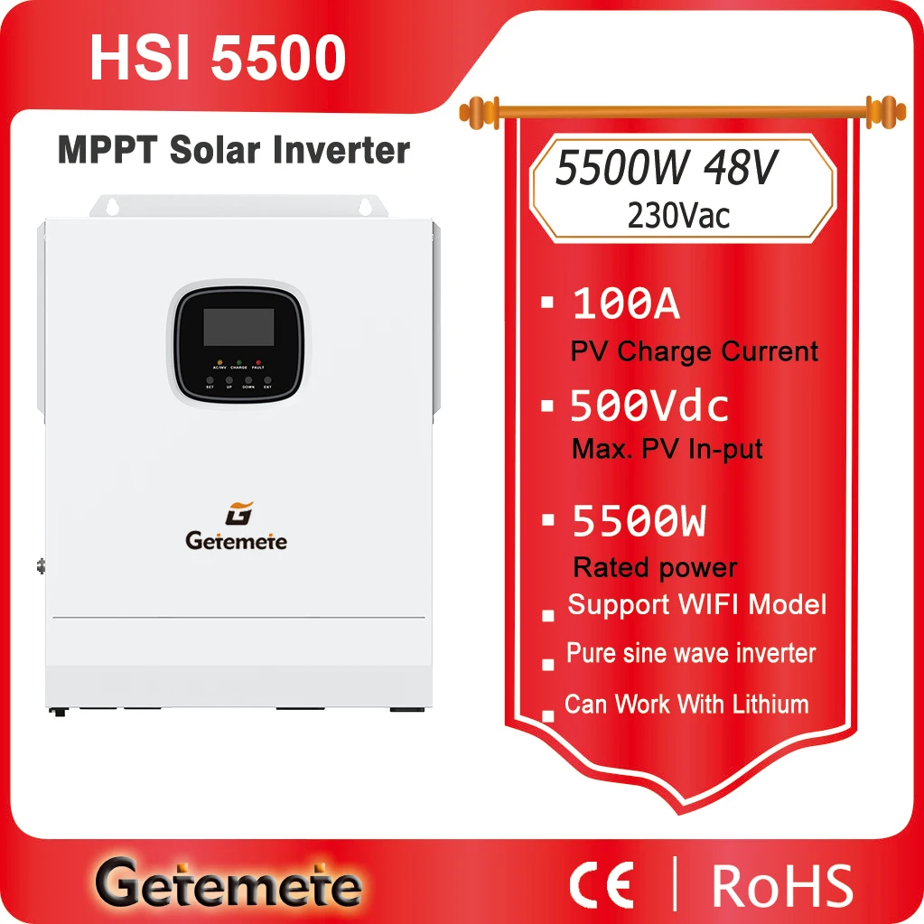 

GTMT 5500W 48V 230VAC Pure Sine Wave Off-Grid Hybrid Inverter MPPT 100A Solar Charger Max PV Input Voltage 500VDC