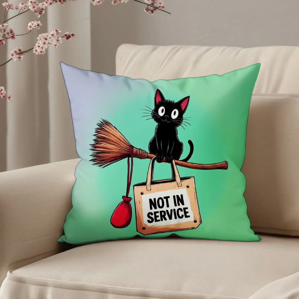 Square Throw Pillow Case Green Gradient Black Cat On Broom With Not In Service Sign For Halloween Home Sofa Chair Decoration