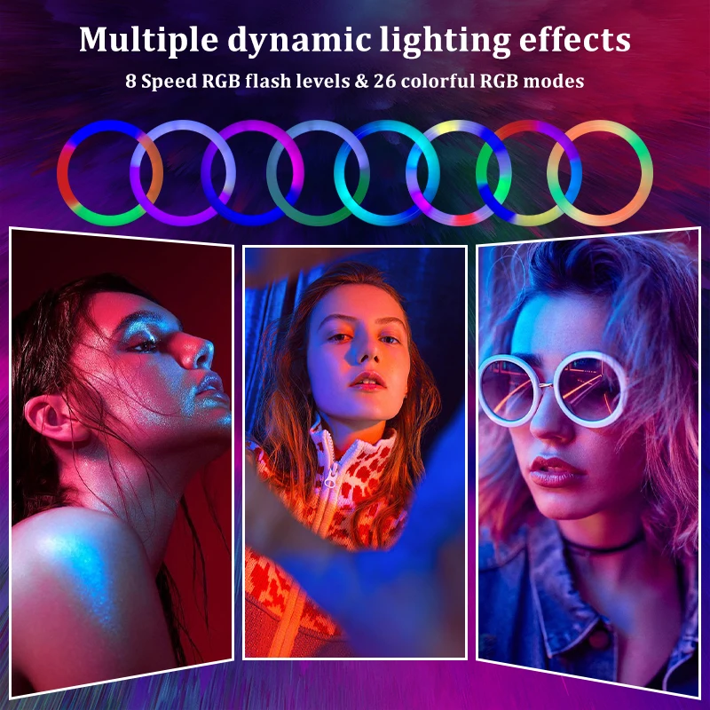 26cm Dimmable RGB Video Fill Light Photo LED Ring Light Selfie Ring Lamp with Tripod Phone Clip of YouTubeMakeup Video Streaming