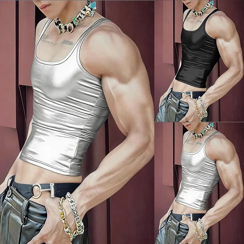 Men's Glossy High-elastic Slim-fit Sling Vest, Thin Shoulder Strap U-neck Inner Top