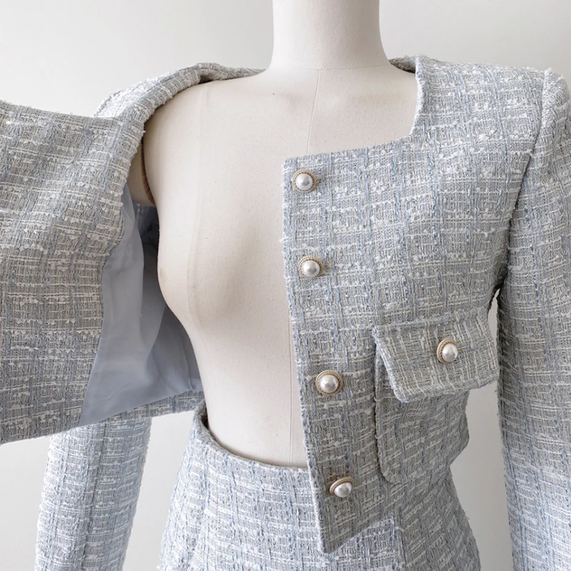 Donne blu bianco Plaid Tweed due pezzi Set nuovo autunno inverno colletto quadrato bottone di perle cappotto corto + vestito lungo gonna sirena