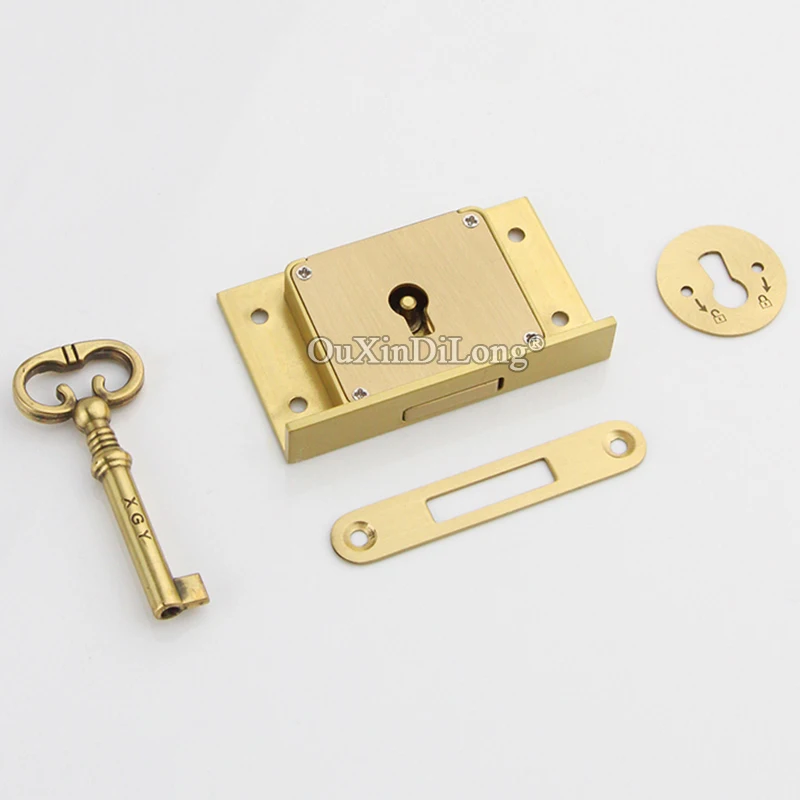 Retro 2PCS European Antique Pure Brass Drawer Cabinet Locks Hidden Cupboard Desk File Cabinet Lock Wood Case Furniture Locks+Key