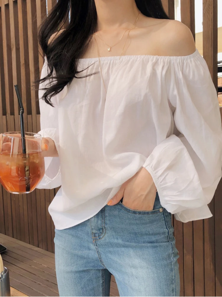 Open Off Shoulder Tops Woman Clothes Casual Preppy Style Girls Cute Sweet White Shirt Black Boat Neck Loose Short Top Blosas