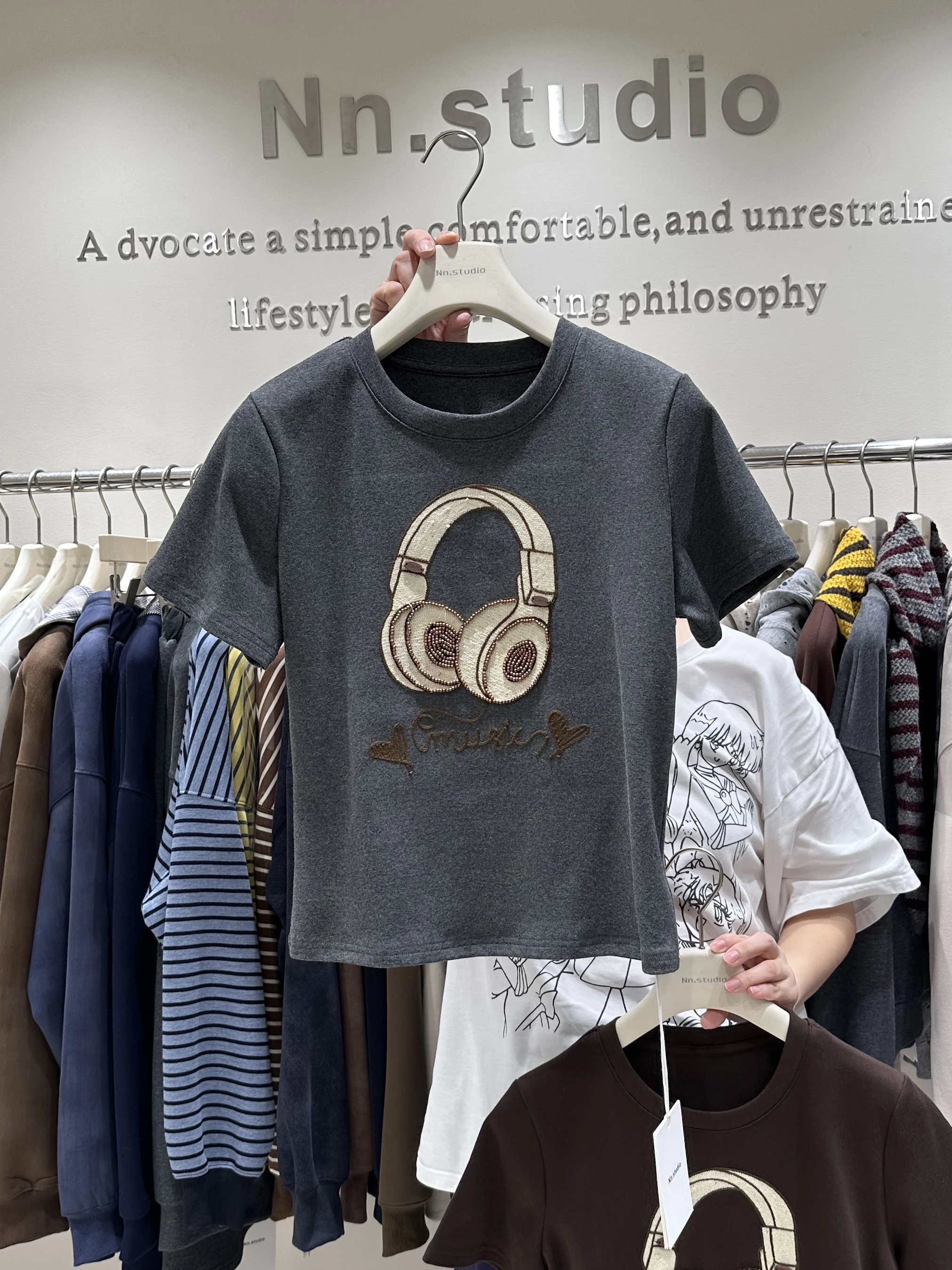 Brushed Short Sleeves T-shirt Thick Style Autumn Winter Beaded Earphone Pattern Slim Fit Flattering Hot Girl Short Top Tshirts