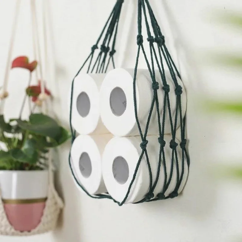 Hanging Knotted Cotton Rope Holder For Toilet Paper Magazine Books Holder Hanging Pocket Rack Bathroom Decor Home Hotel Storage