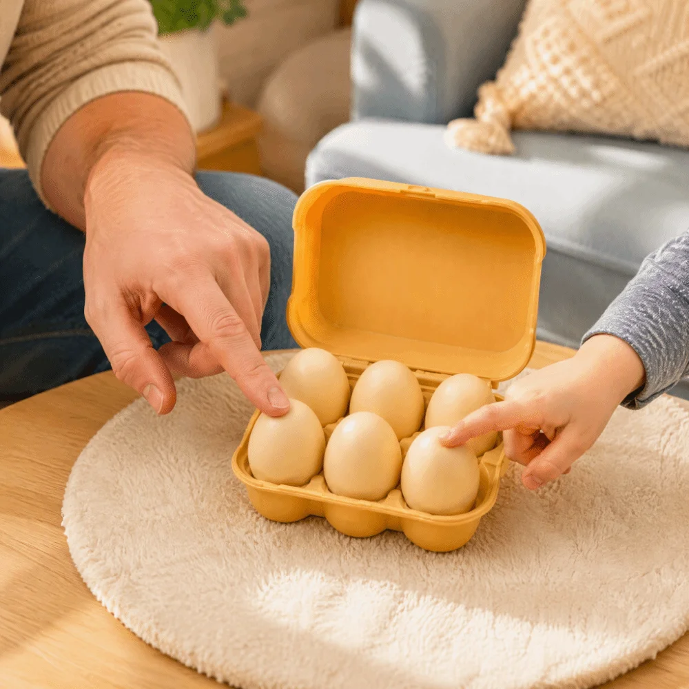 Minimalistischer Beiger Knopf-Klicker-Schlüsselanhänger in Eierform, Neuartiger Druck-Schlüsselanhänger, Schlüsselring in Tragbarer Größe, Eierknopf-Klicker für den Schreibtisch im Büro – Detail 11