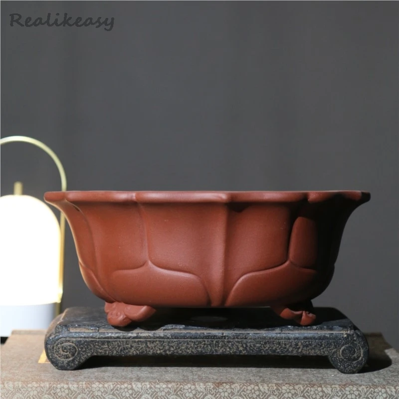 Chinese Purple Sand Flower Pot Lotus shaped Zen Bonsai Pot Household Desktop Handmade Breathable Solid Color Flower Pot LF452