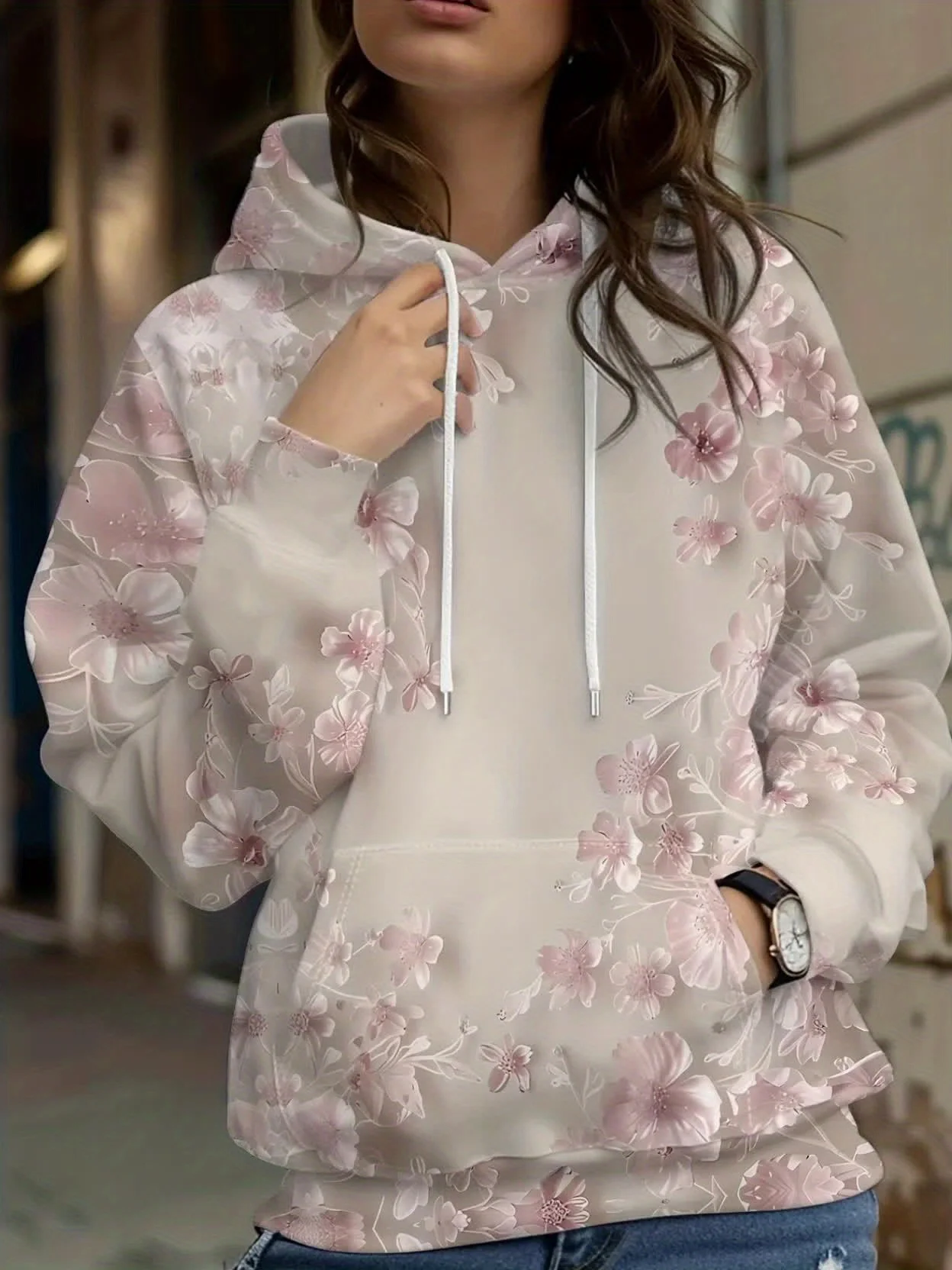 Casual French Flower Hoodie Top Women Autumn Spring Y2K Hoodie Floral Print Hoodie Loose Thin Polo Neck Coat Oversized Top New
