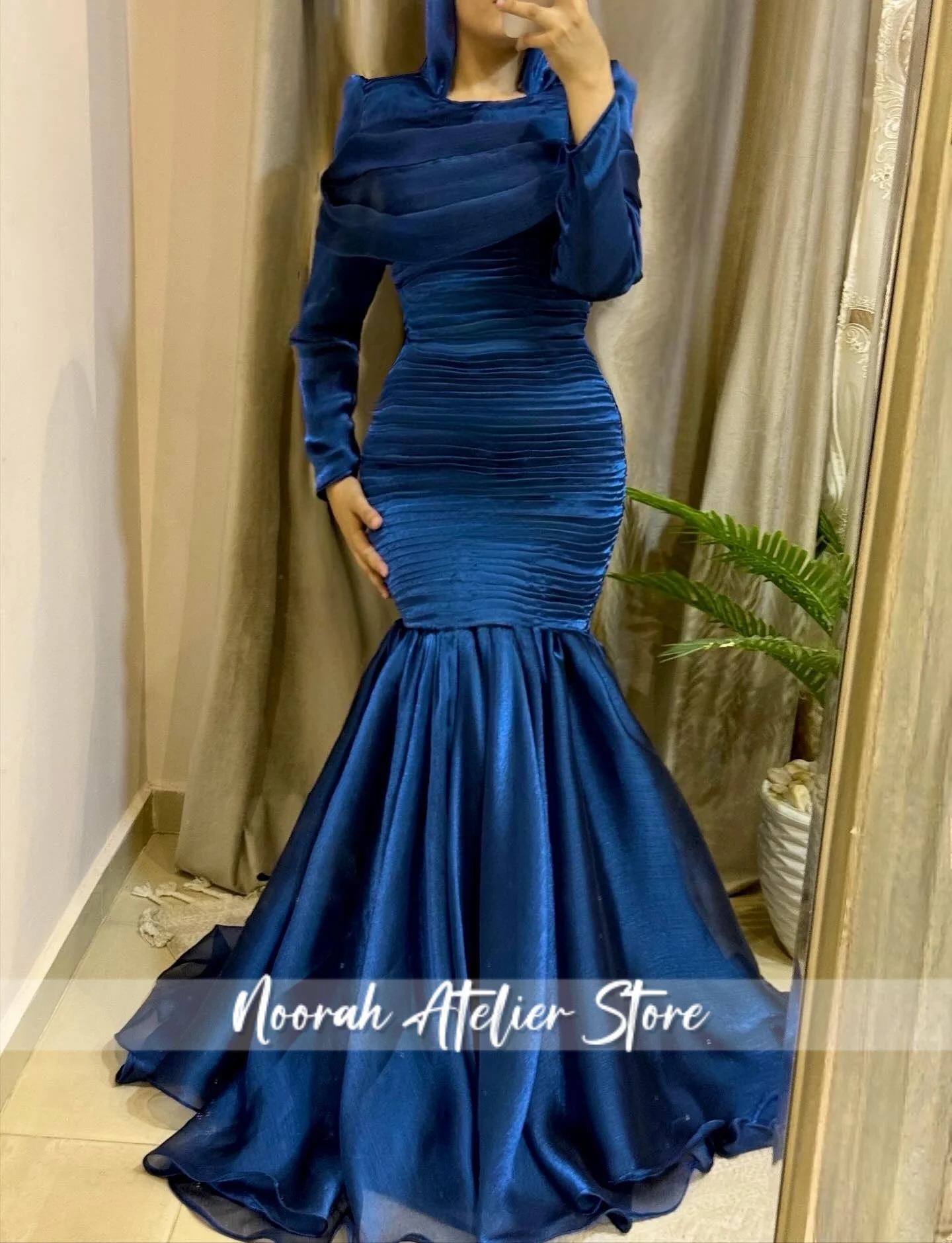 New Elegant Blue High-Neck Evening Dresses Long Sleeves Prom Mermaid Muslim Formal Gown For Woman robe de bal Dubai Customized