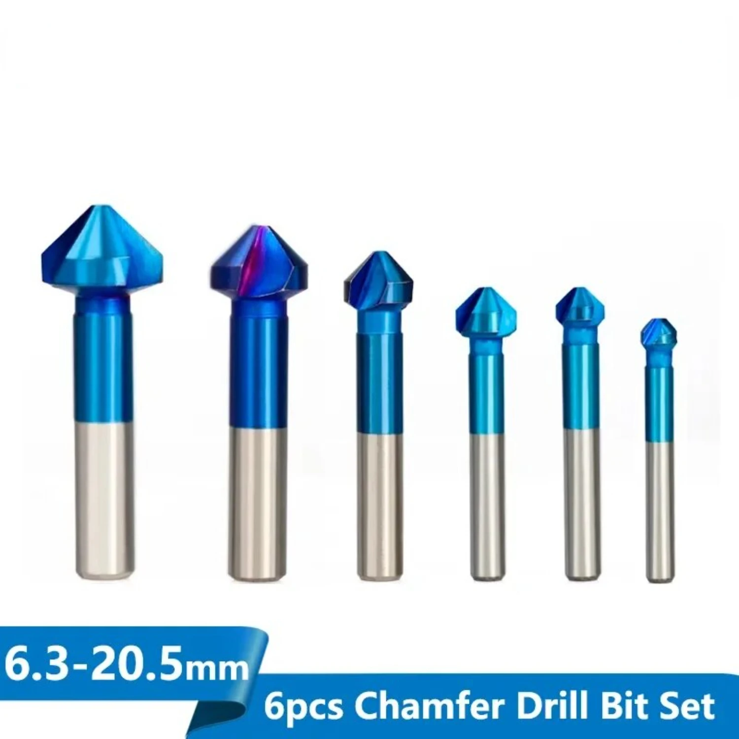 High Precision Nano Blue Coated Chamfer Cutter with 90 Degrees 3 Flutes - Set of 6pcs Countersink Drill Bits, Sizes Ranging from