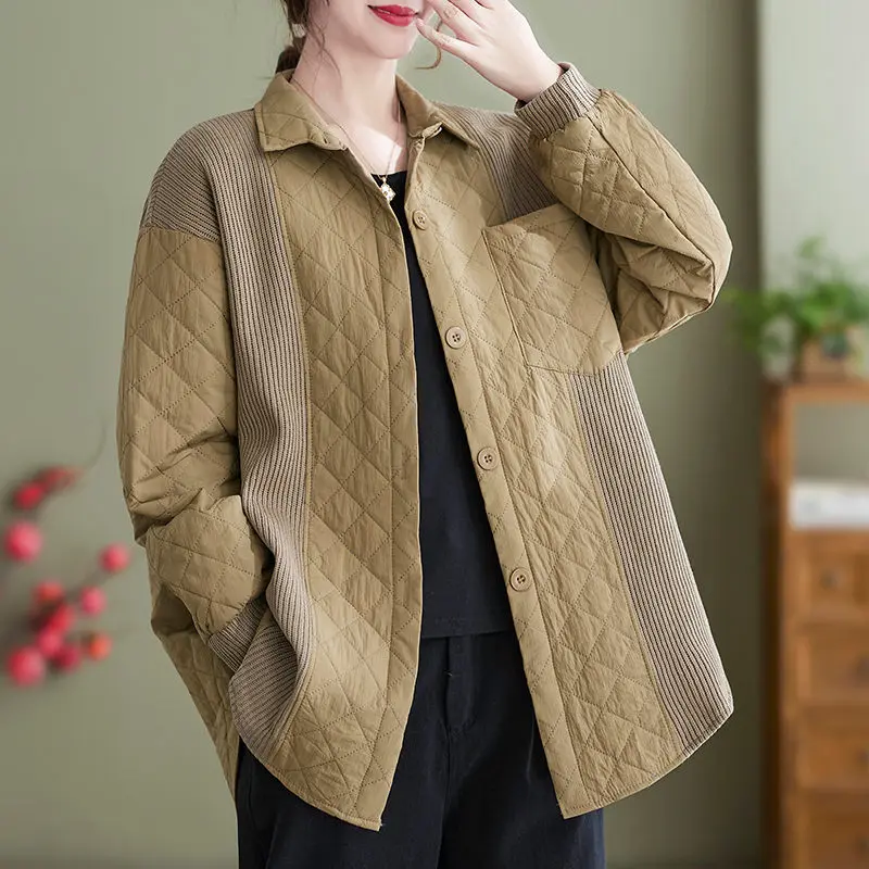 Women's Knitted Patchwork Quilted Shirt Coat Cotton Jacket Splicing Top Casual Large Size Autumn Winter T1071