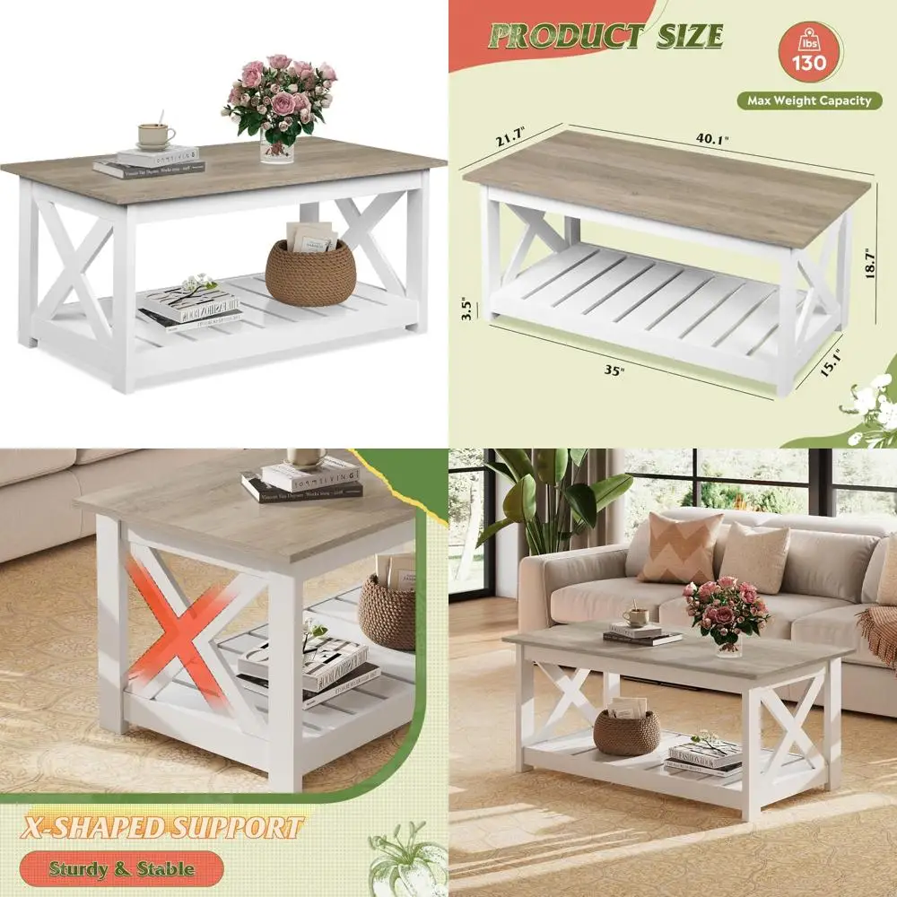

Two-Tier Slatted Storage Shelf Farmhouse Coffee Table with X-Frame Design for Living Room