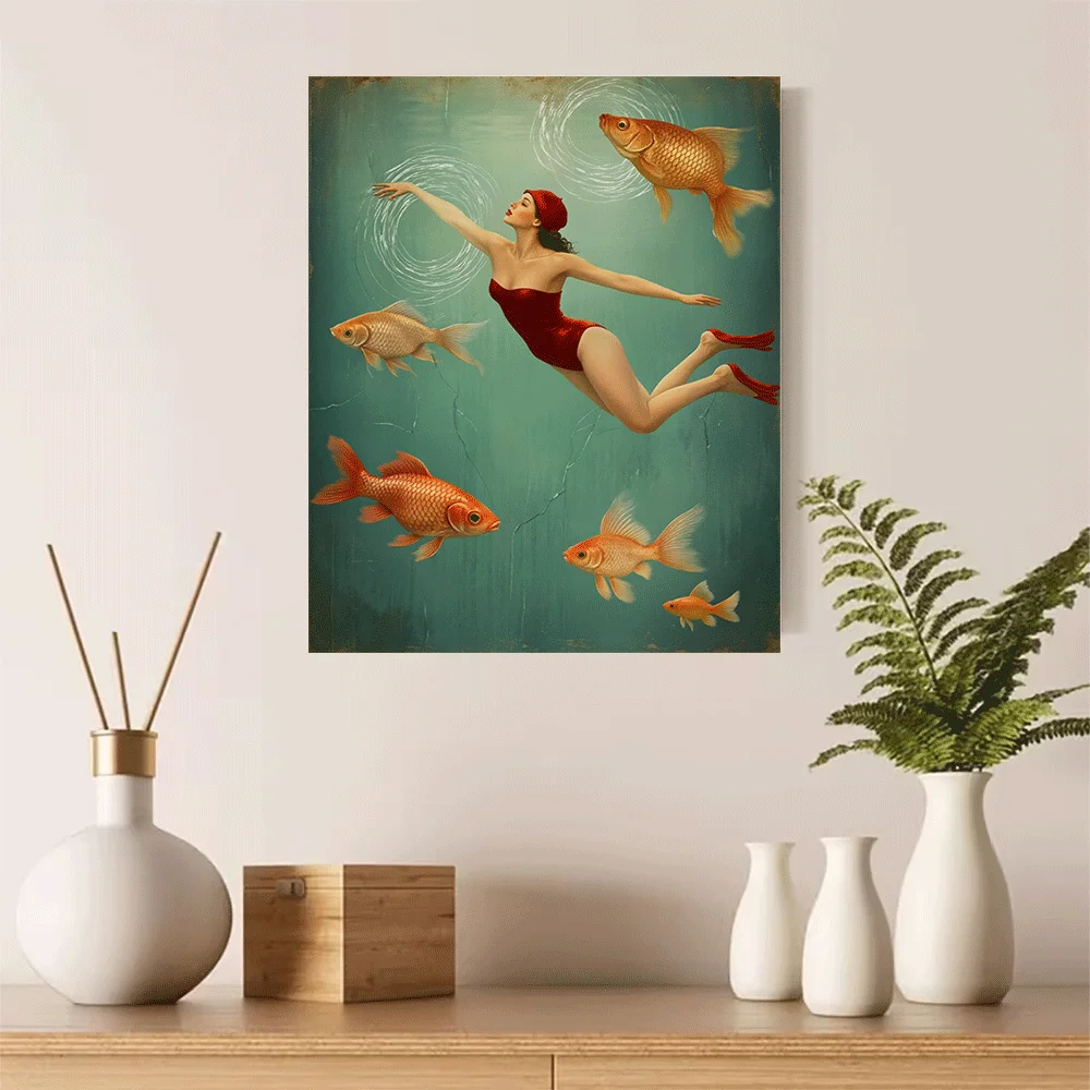1PC-Canvas poster Unframed  Woman in Red Swimsuit Swimming with Goldfish Art Print  summer