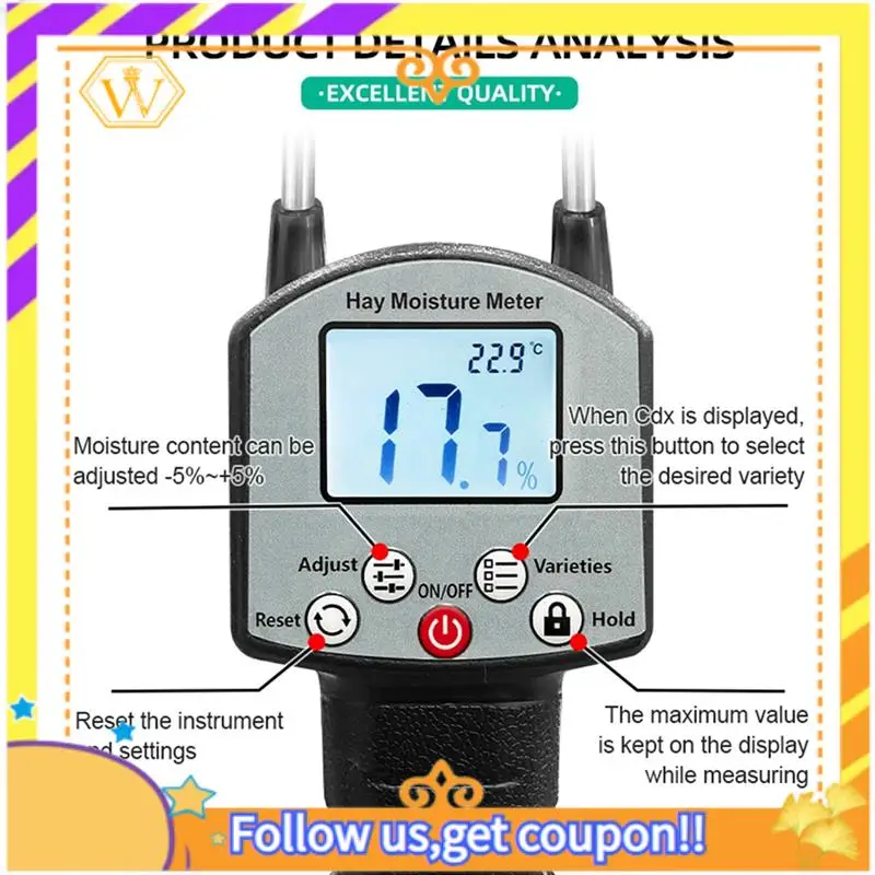 

Latest-Portable Hay Moisture Meter For Cereal Straw, Bran, Leymus Chinensis, Emperor Bamboo Grass Fibre Content Testing Tool