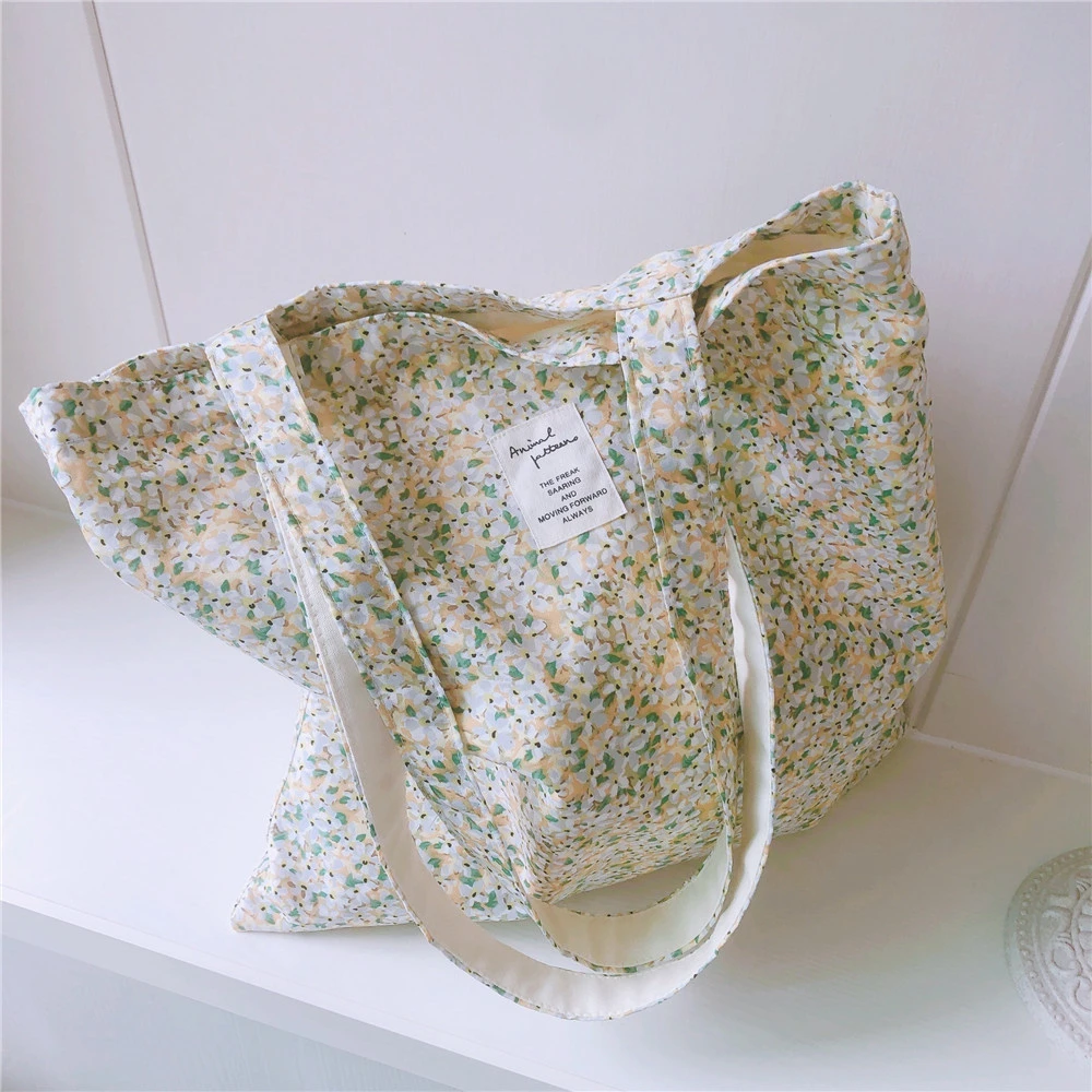 Bolsa de compras de lona floral reutilizável grande para mulheres, compradora dobrável, bolsas de ombro, casuais femininas, sacolas diárias, mercearia