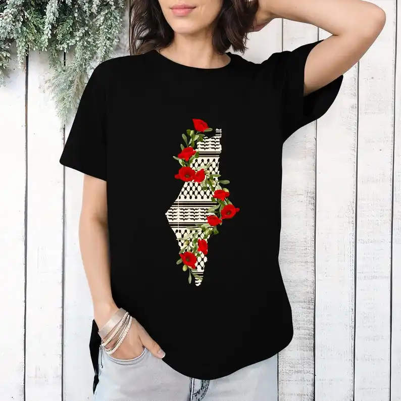 Flowers and Mapsprint Couple T-Shirt Vintage Palestine T Shirts Leisure Summer Cotton Tees Aesthetic Print Cotton Tops Gift Idea
