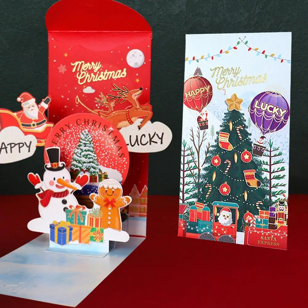 Christmas 3D Red Envelope Merry Xmas Greeting Cards Christmas Tree Snowman Pop-up Card for Holiday Celebration Home Decoration