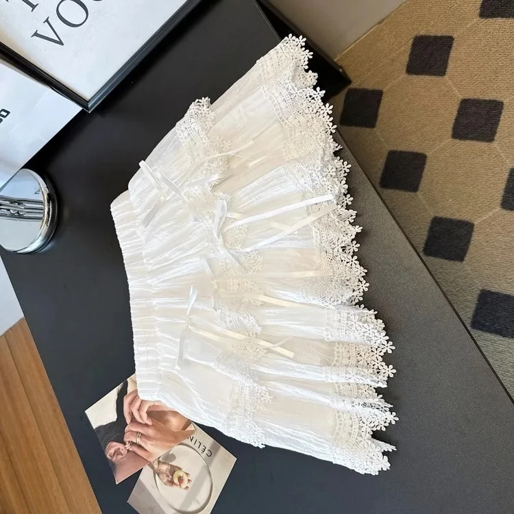

Drawstring Lace-up Elastic High-waisted Black Casual Skirts for Women 2025 Summer New Korean Style Lace A- Line Short Skirt