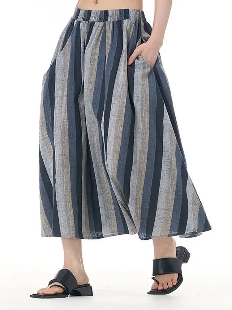 

High Elastic Waist Gray Blue Striped Pocket A-line Half-body Skirt Women Fashion Tide New Spring Autumn