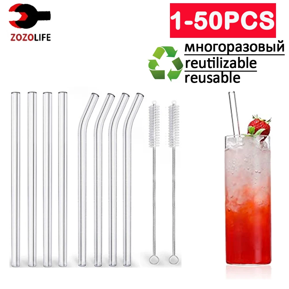 

1/20/50Pcs Glass Straws Eco Friendly Reusable Drinking Metal Straw with Brushes Smoothies Milkshake Cocktail Party Bar Accessory