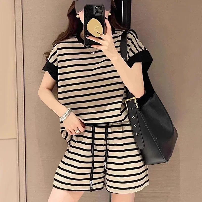 Summer Women Striped Clothing Sets Short Sleeve T-shirt+Drawstring Shorts Two Pieces Suits Ladies Casual Outfits Loose Tracksuit