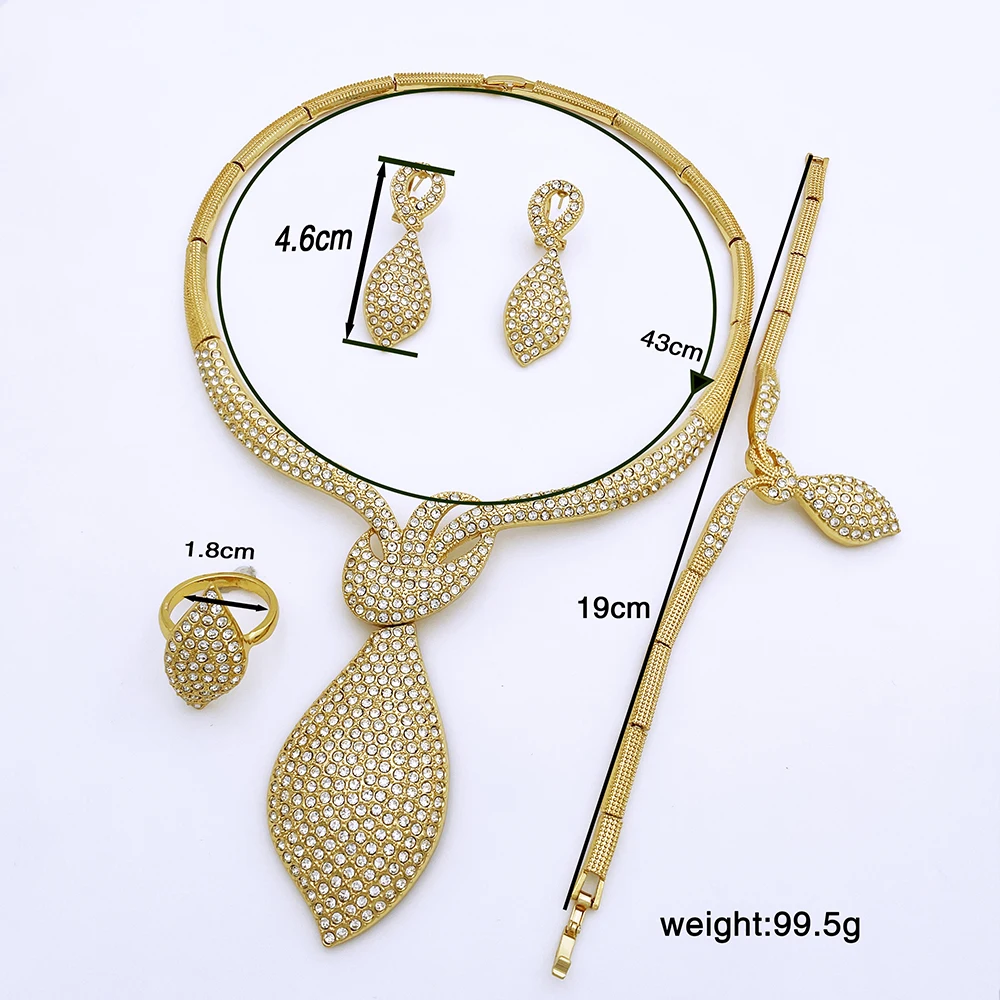 Vintage Dubai 18k Gold Plated Jewelry Set Women Elegant Rose Waterdrop Pendant Necklace Earrings Ring Bracelet 4Pcs Jewelry Set