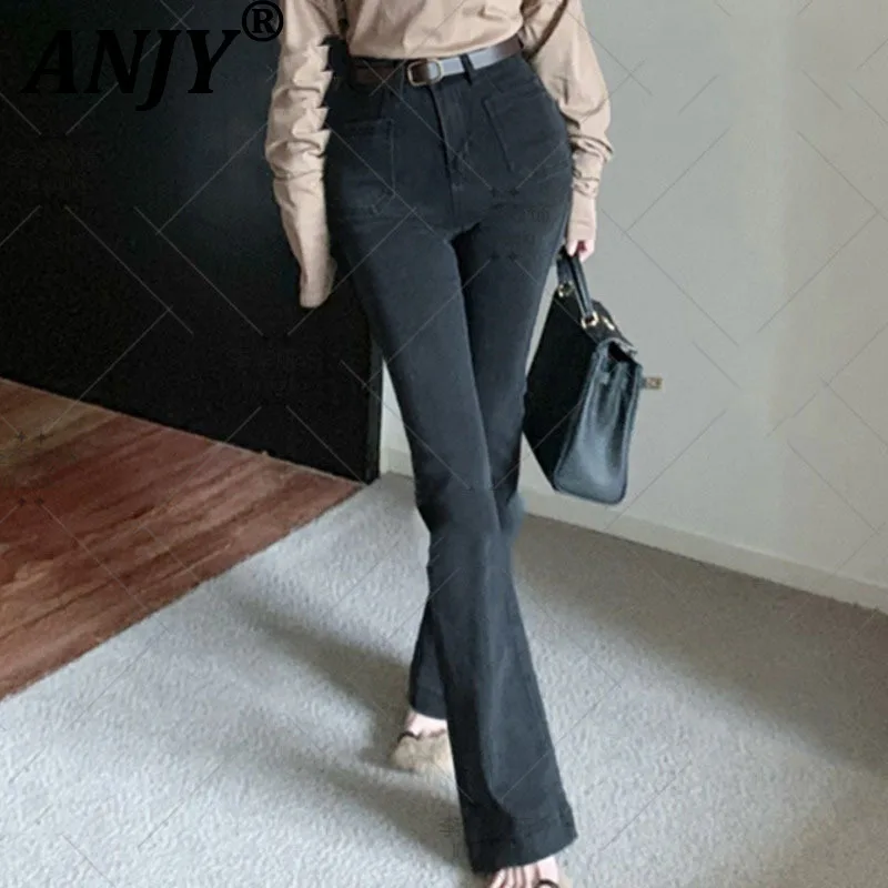 

ANJY Autumn Women Fashion Office Lady Distressed Bootcut Jeans Trendy Versatile High Waist Slimming Zipper Wide Leg Pants A10894