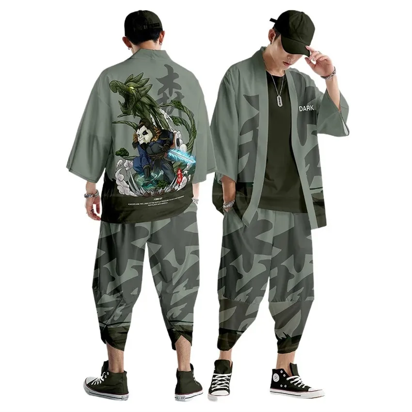 Two-piece Suit Oversize S-6XL Crane Japanese Style Fashion Kimono And Pants Set Men Cardigan Blouse Haori Obi Asian Clothes