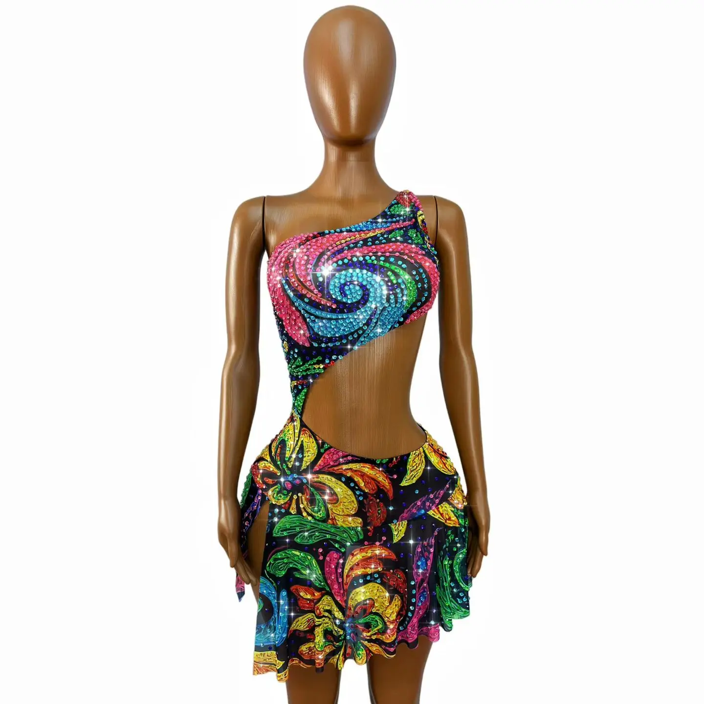 Xingyunhua Women Sparkly Multicolor Swirl Floral Rhinestone MeshDress One Shoulder All Over Crystal Music Festival Rave Outfit