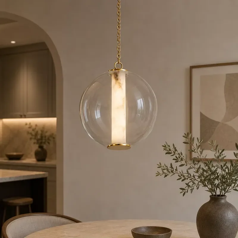 Modern Transparent Spherical Chandelier Kano Lighting Art Alabaster Hanging Lamp Brass Chain Decoration Luminous Wick Pendant