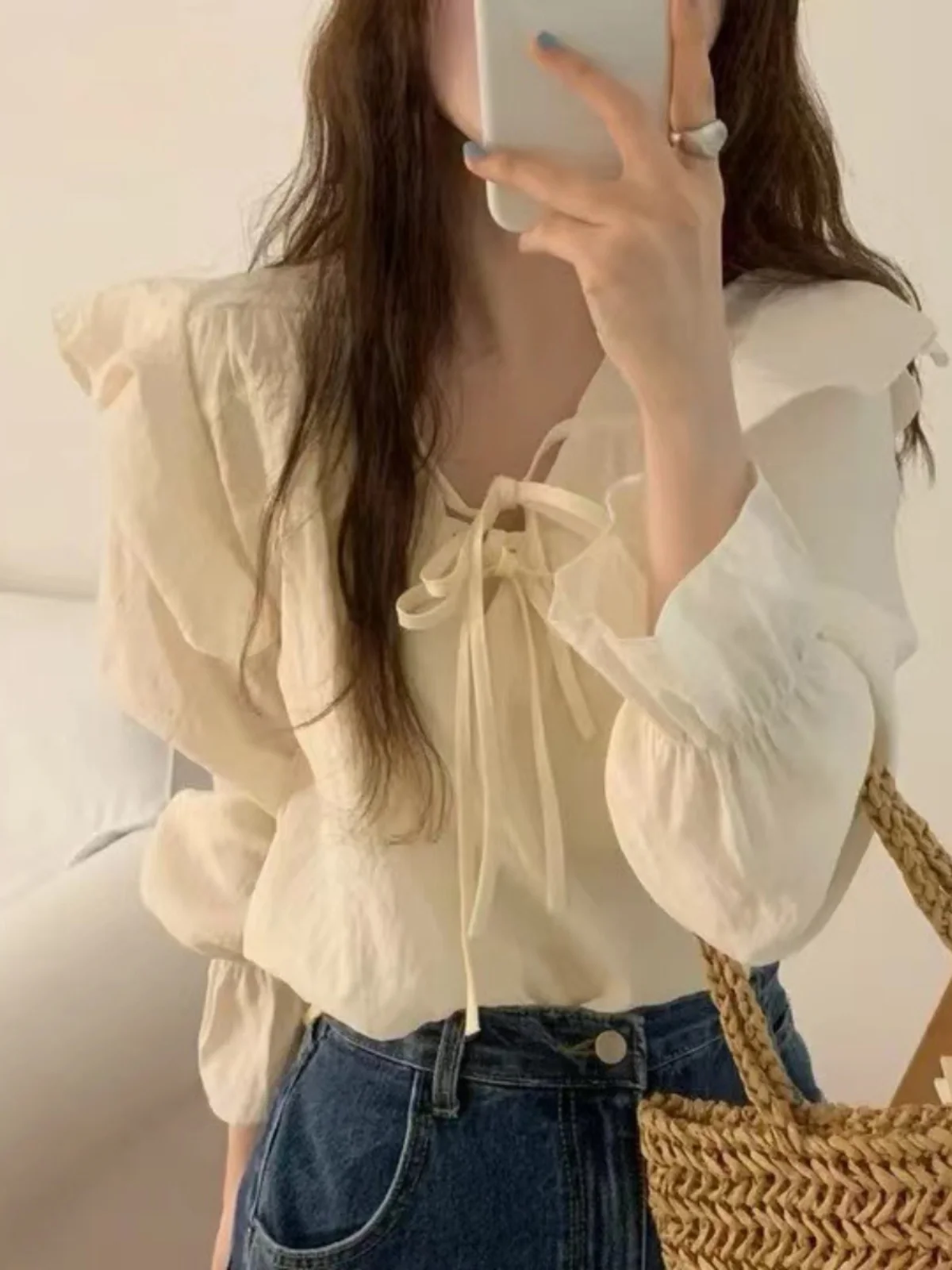 Loose Long Sleeve Shirt Women Design Sense Bell Sleeve Bow Tie Doll Collar Summer Wood Ear Breeze Sweet Style Top for Ladies