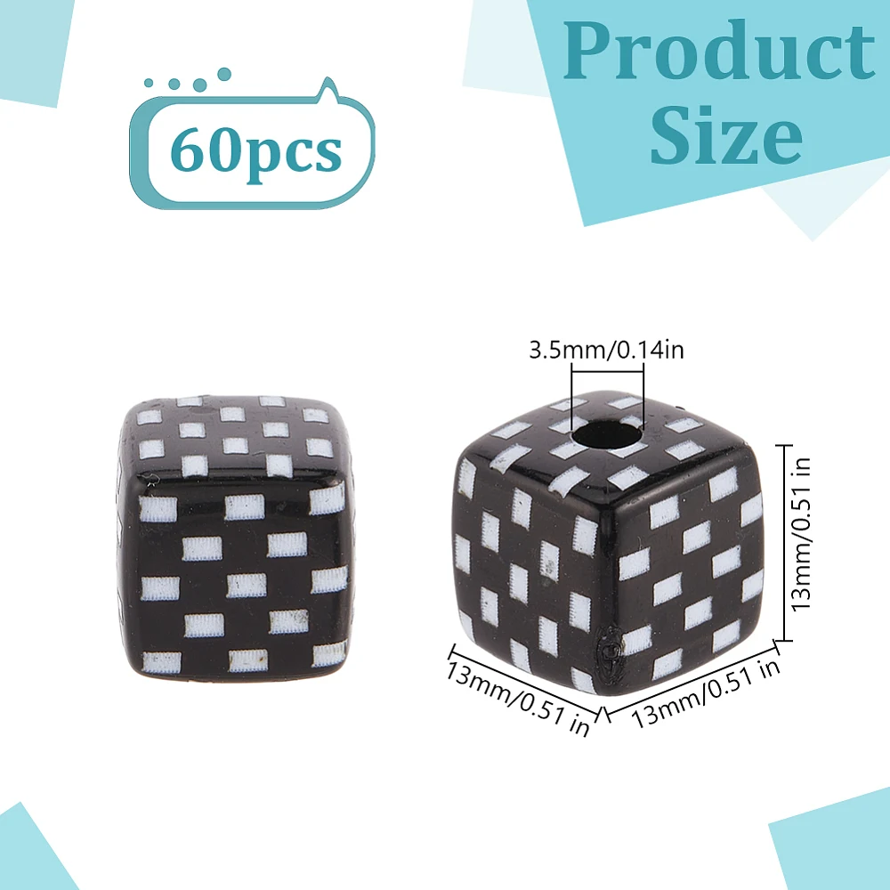 60pc Check Beads Black Square Bead with Chequer Acrylic Loose Charms Spacer Assorted Beads Bulk for Crafts Earrings DIY Projects