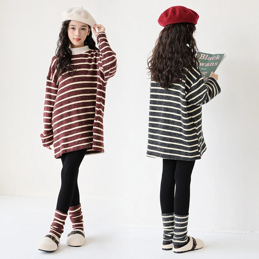 ملابس الفتيات لخريف وشتاء 2025 مخططة مخططة بأكمام طويلة تي شيرت دافئ فستان مراهق للأطفال فضفاض 4 6 7 8 9 10 11 12 سنة كوريا #2