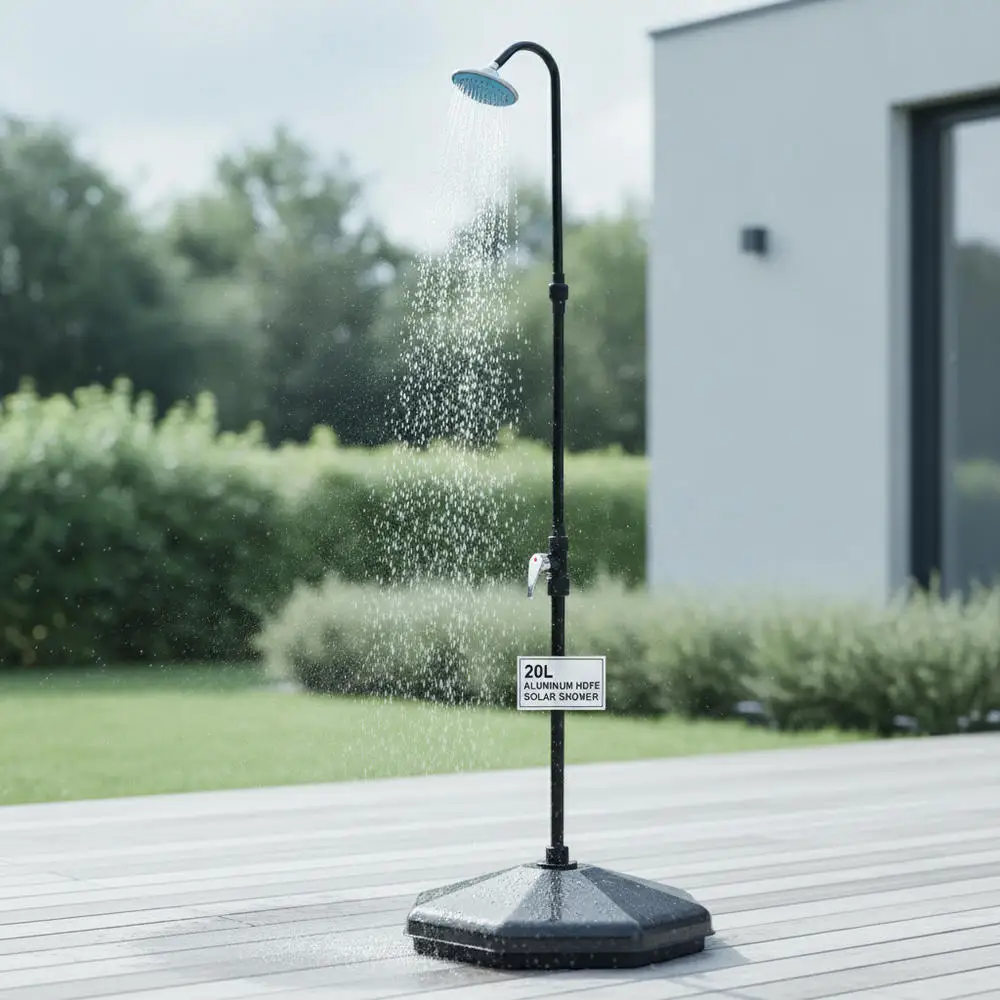 Douche solaire extérieure 20L, douche de camping portable avec pompe à pied et robinet mélangeur à poignée unique, construction durable en HDPE pour jardin, piscine, plage, noir argenté