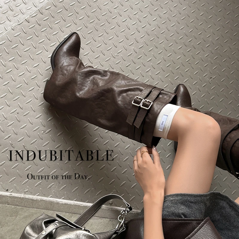 2026 new autumn winter women knee-high boots 22-25cm split leather+Lycra+pigskin/plush square toe buckle women pants boots