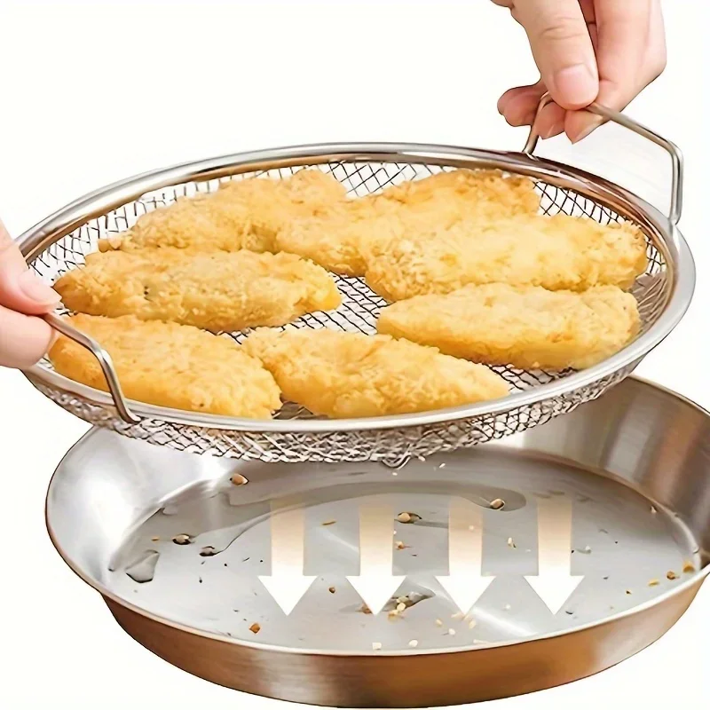 1Pc Stainless Steel Oil Filter Tray Mesh Drain Basket Colanders Air Fryer Accessorie for Fried Food Draining Rack & Pan Strainer