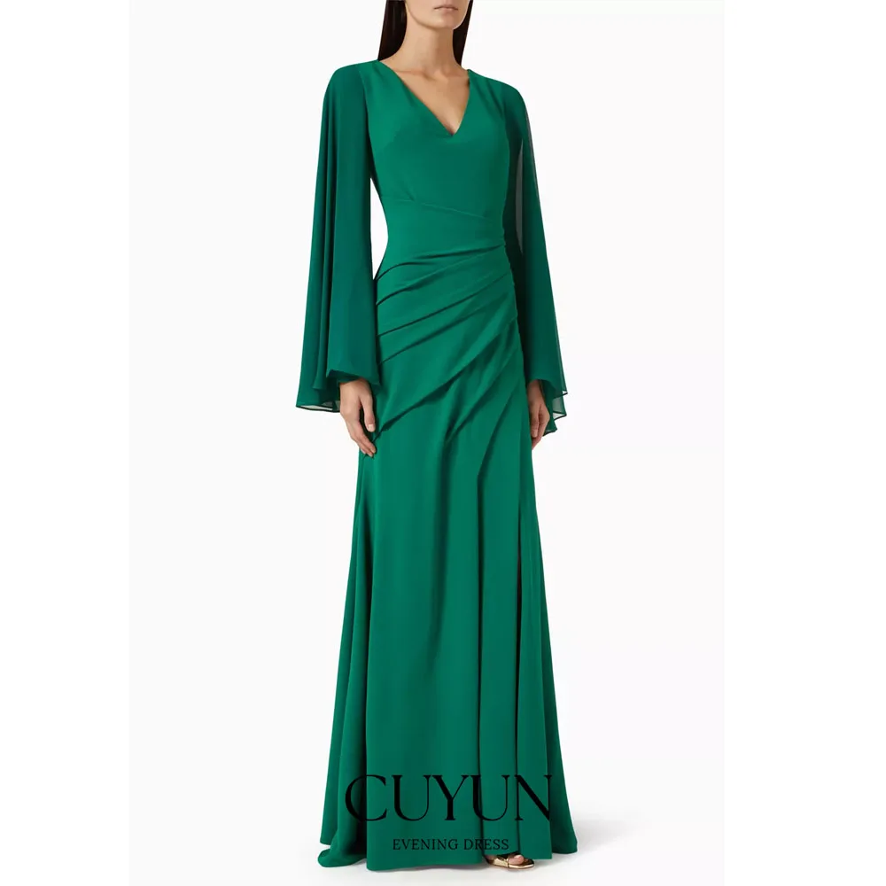 

CUYUN Customized Simple Evening Dress V-Neck Long Sleeves Pleated Dinner Banquet Wear Elegant Prom Party Dress Wedding Guest