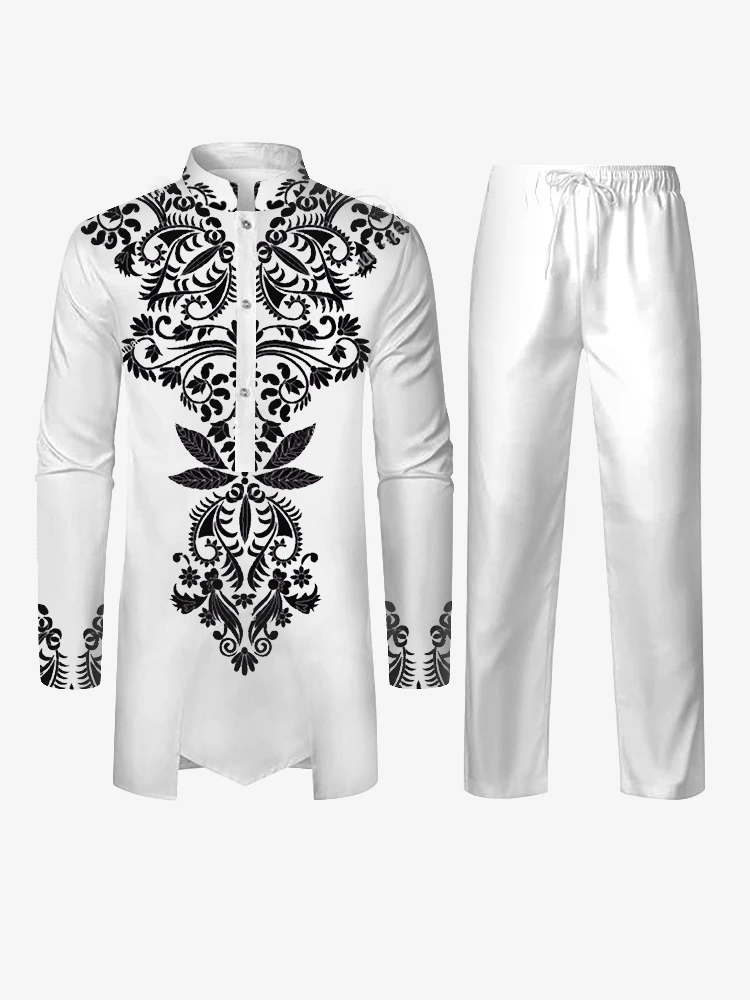 New Muslim Robe & African Suit Suit Men\'s Long Sleeve Long Pants Gold Classic with 2-Piece Special Print Multicolor Match