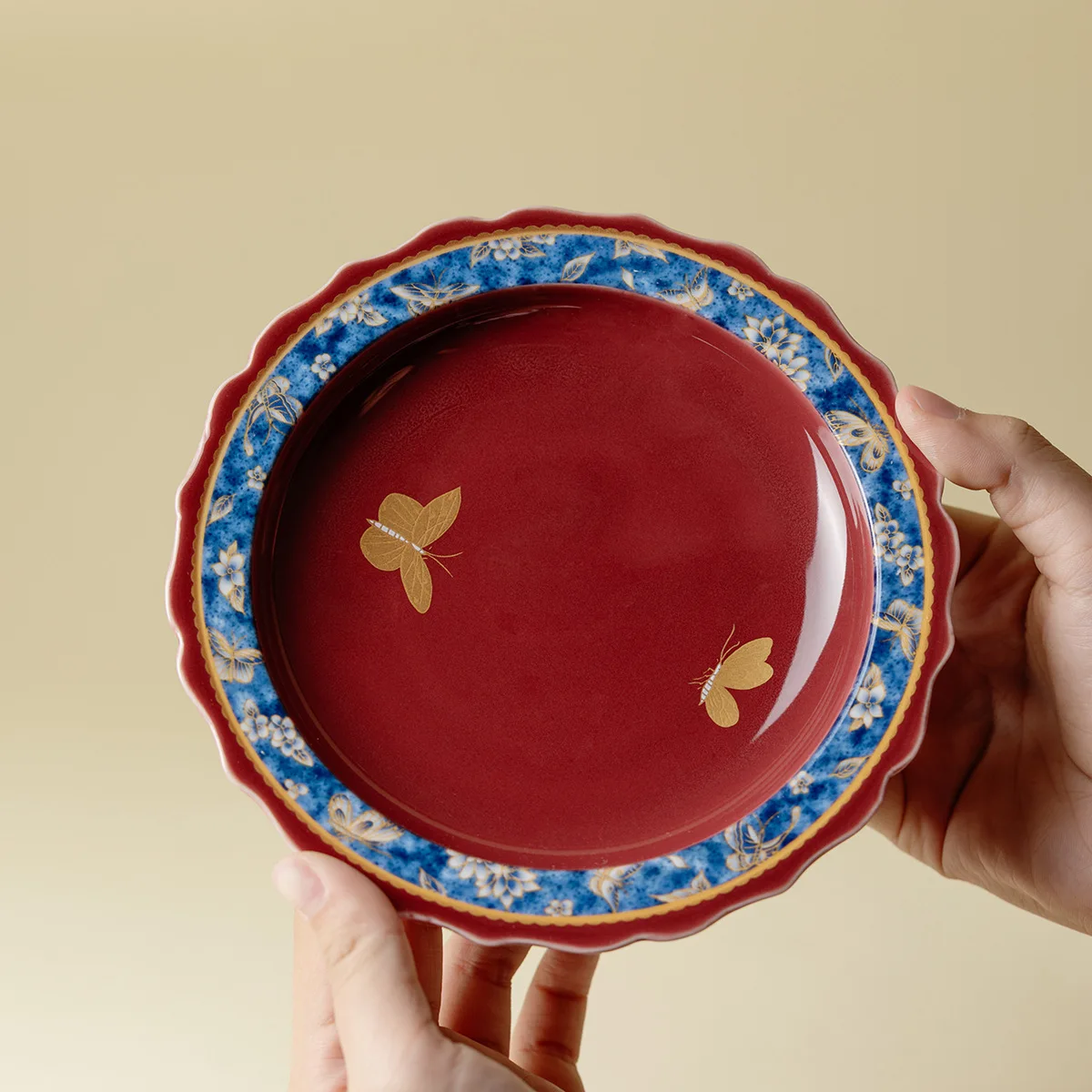 Mist Gold Inlaid Blue White Thousand Flower Tea Tray Chinese Red Dry Brew Saucer Tea Ceremony Tea Room Holiday Decor Gift