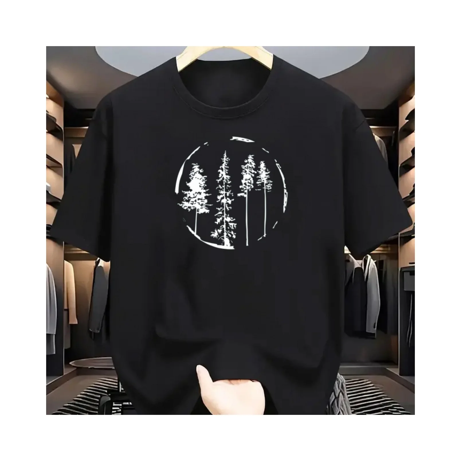 

Men's summer 100 cotton fashionable casual loose forest tree pattern printed sports round neck short sleeved T-shirt top